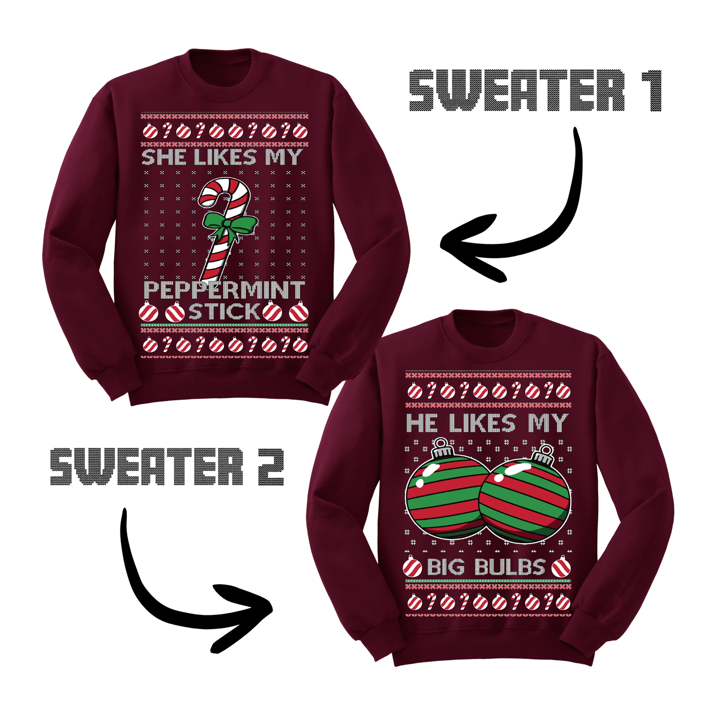 Couples Ugly Christmas Sweater Peppermint Stick Big Bulbs