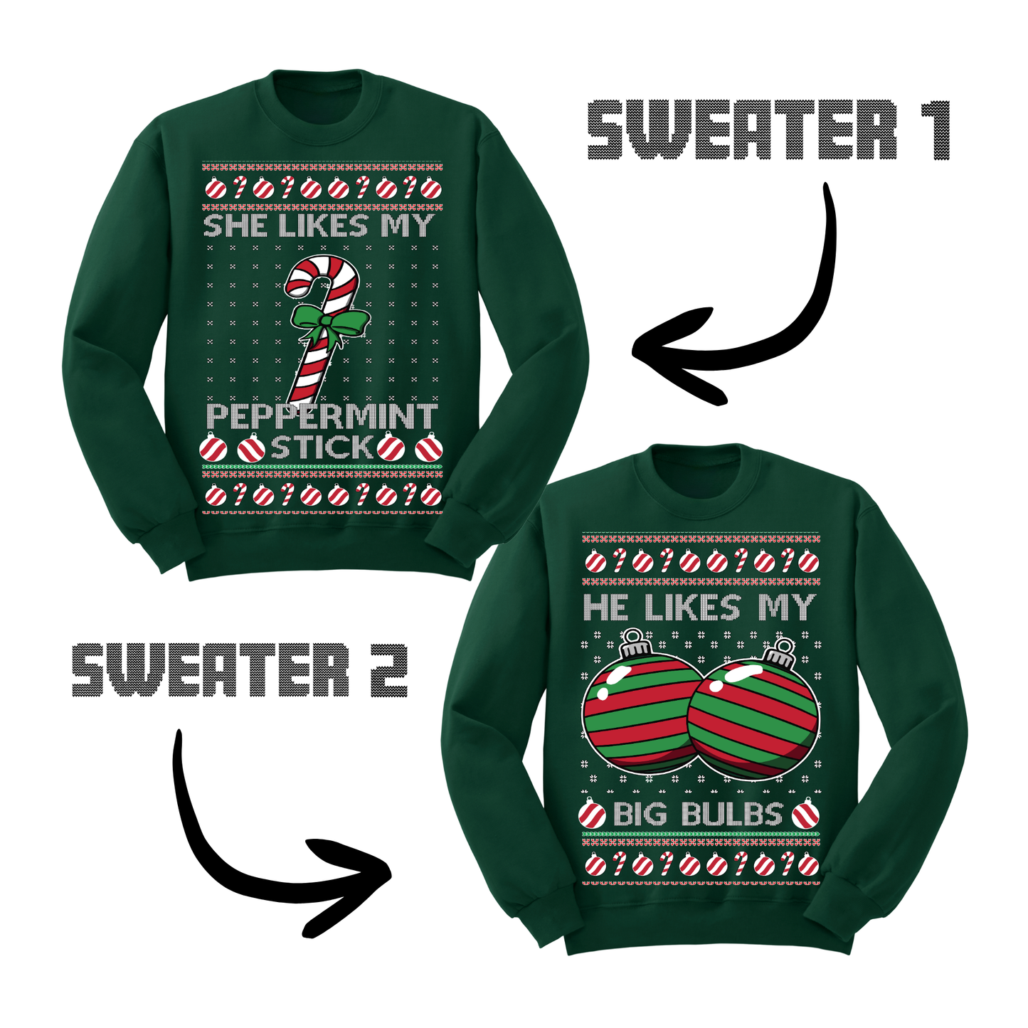 Couples Ugly Christmas Sweater Peppermint Stick Big Bulbs