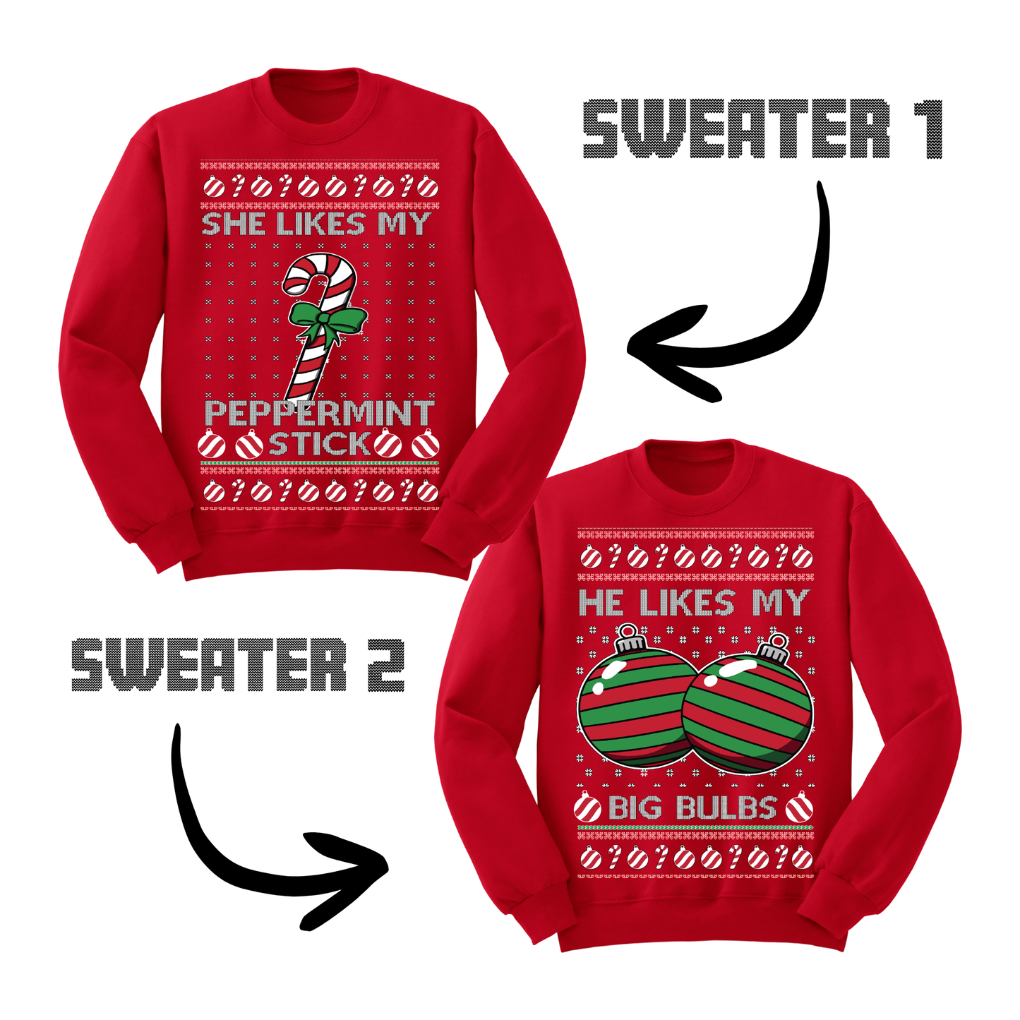 Couples Ugly Christmas Sweater Peppermint Stick Big Bulbs