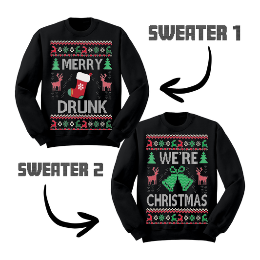 Couples Ugly Christmas Sweater Merry Drunk We're Xmas