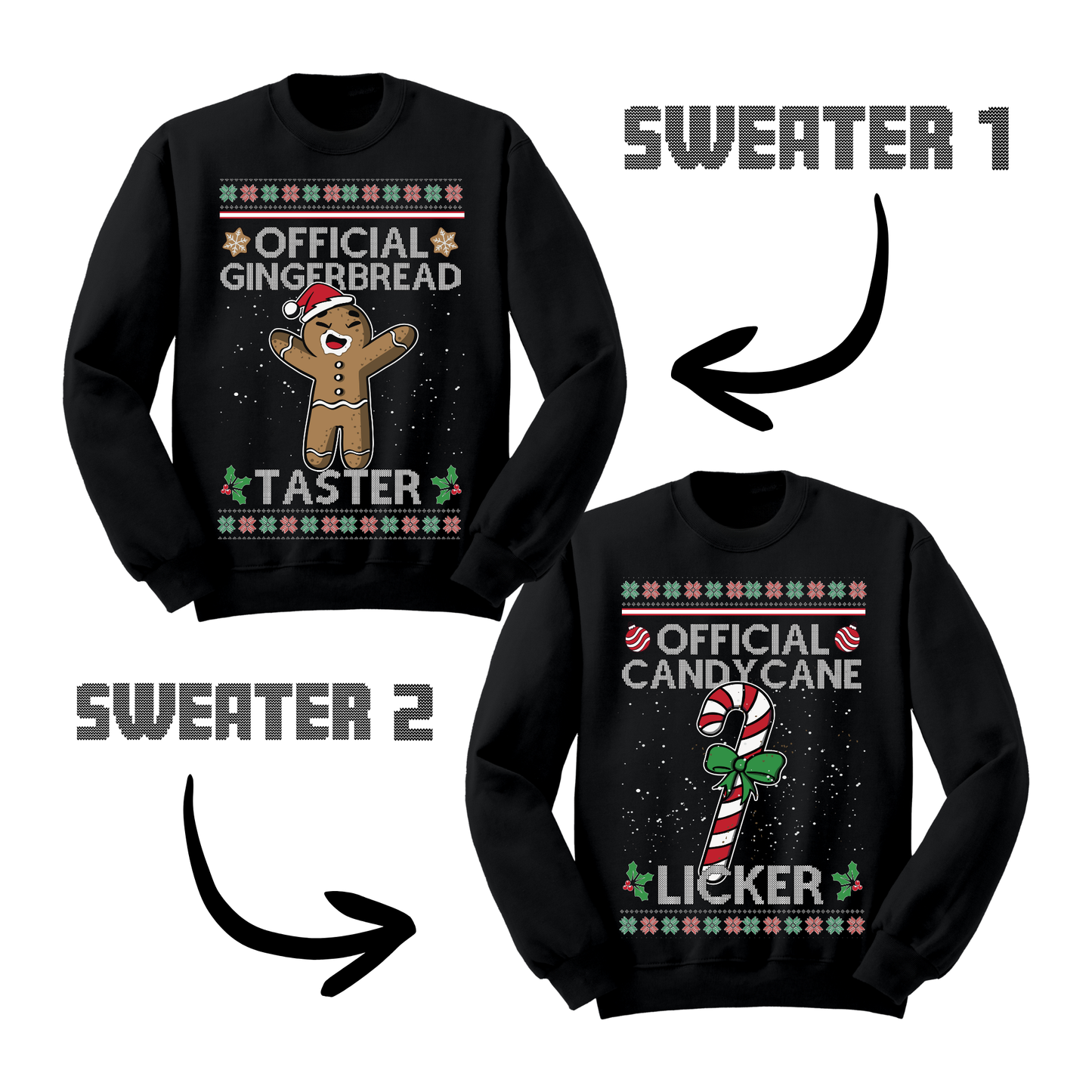Couples Ugly Christmas Sweater Gingerbread Taster Candy Cane Licker