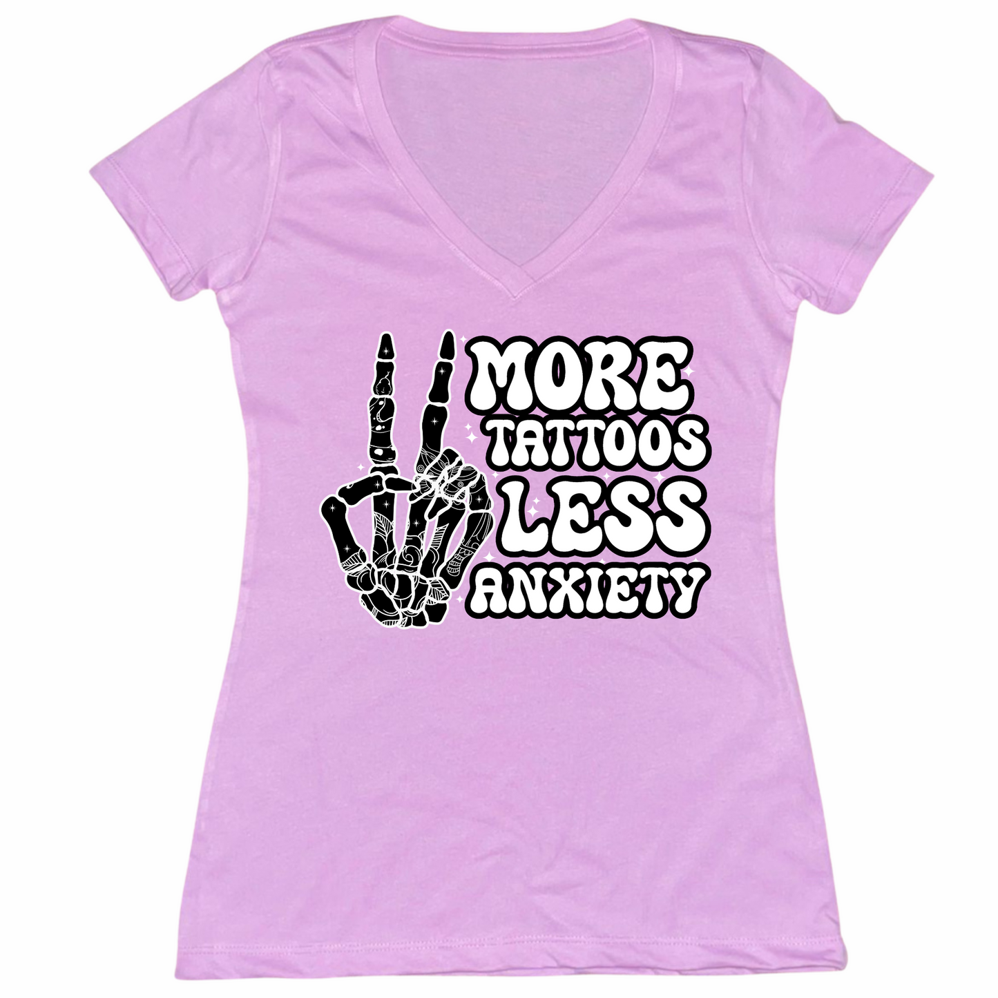 More Tattoos Less Anxiety Skeleton Hand Womens V-Neck Tee