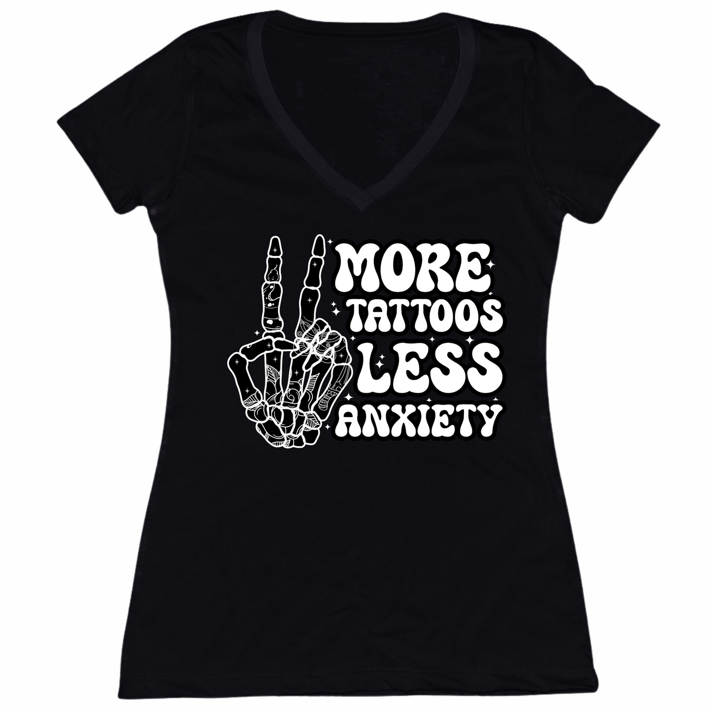 More Tattoos Less Anxiety Skeleton Hand Womens V-Neck Tee