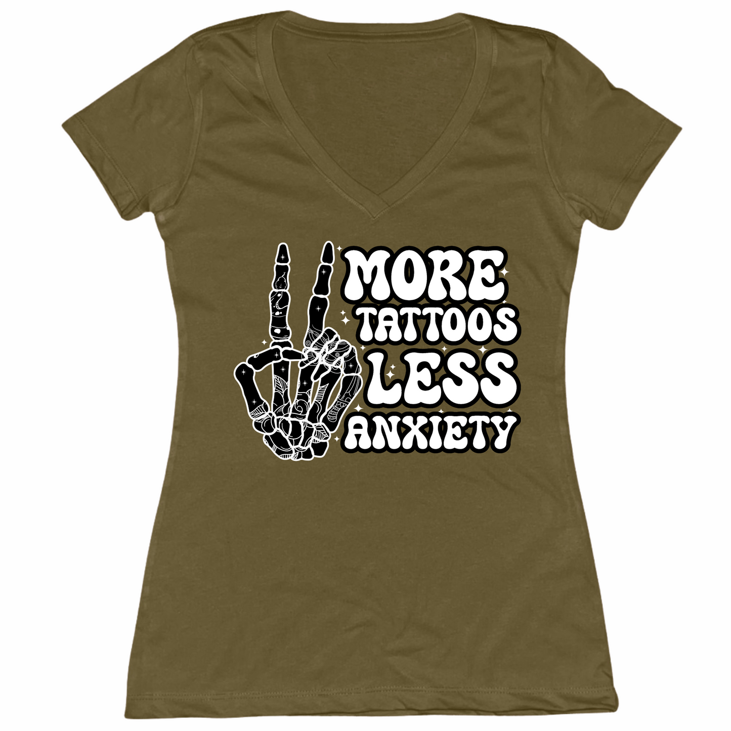 More Tattoos Less Anxiety Skeleton Hand Womens V-Neck Tee