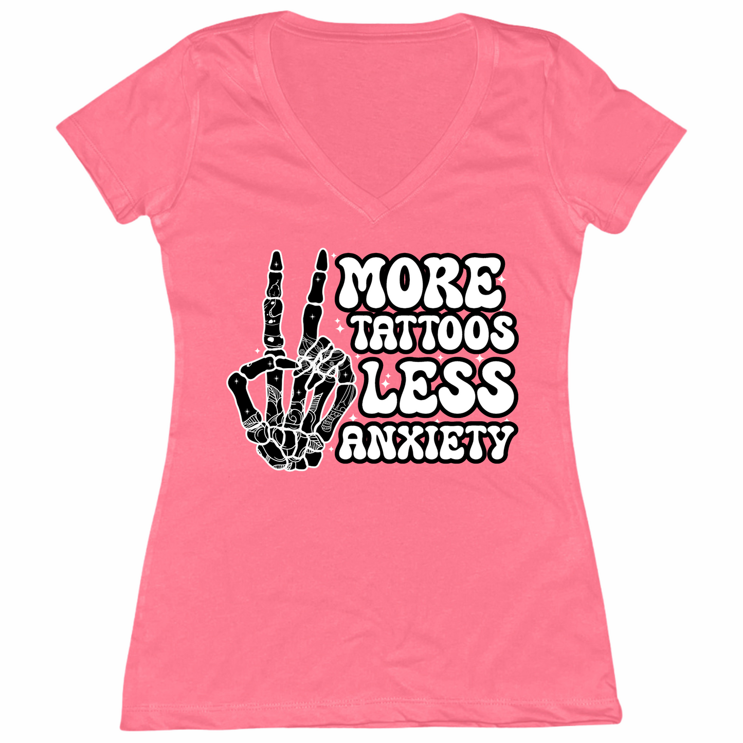 More Tattoos Less Anxiety Skeleton Hand Womens V-Neck Tee