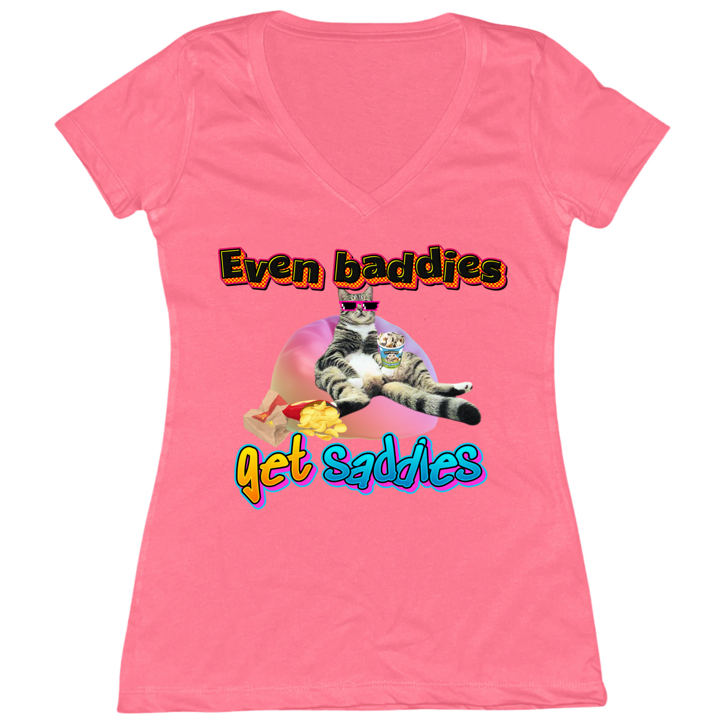 Baddies Get Saddies Womens V-Neck Tee