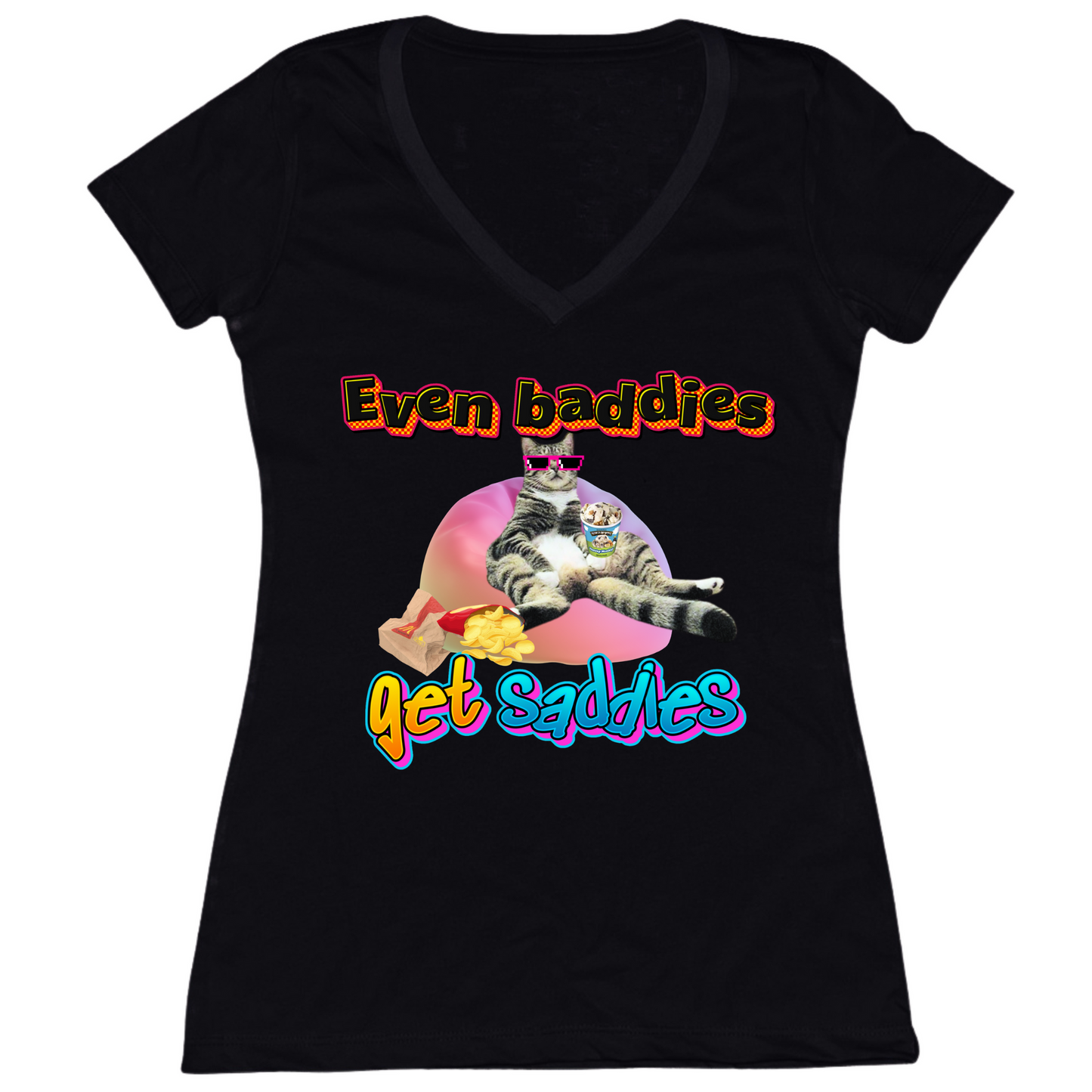 Baddies Get Saddies Womens V-Neck Tee