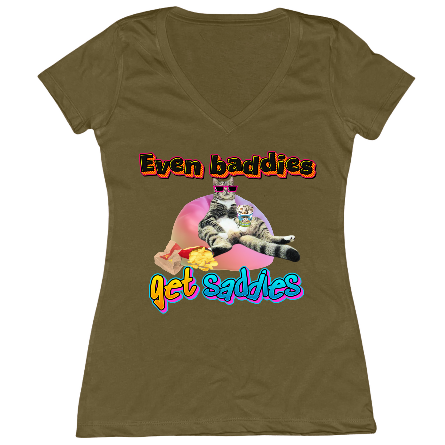 Baddies Get Saddies Womens V-Neck Tee